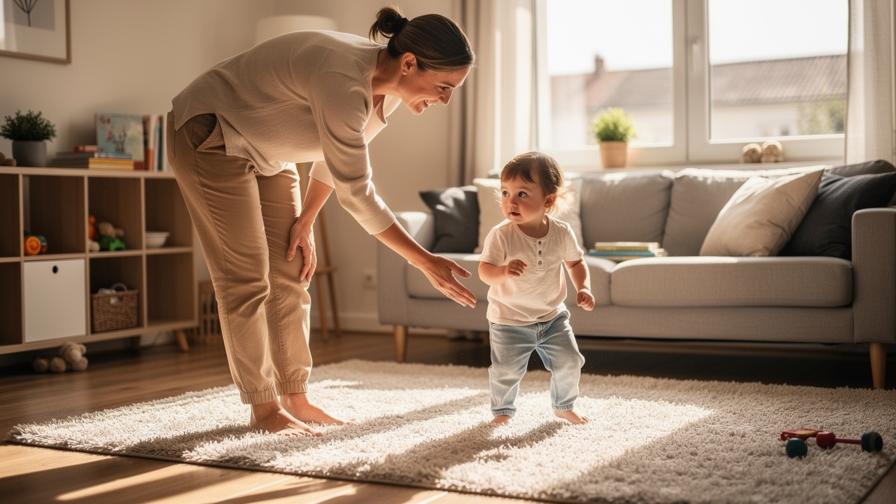 Une intervenante de garde à domicile accueille un jeune enfant dans un salon familial lumineux à Carquefou, ambiance chaleureuse et naturelle.