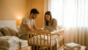 Un jeune couple prépare une chambre de bébé lumineuse et chaleureuse, en assemblant un berceau en bois près de rideaux clairs et de textiles doux.