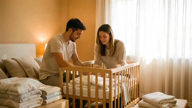 Un jeune couple prépare une chambre de bébé lumineuse et chaleureuse, en assemblant un berceau en bois près de rideaux clairs et de textiles doux.