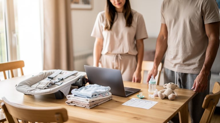 Un couple de jeunes parents prépare la reprise du travail à la maison à Carquefou, avec un bébé et des accessoires de garde posés sur une table, sous une lumière naturelle.