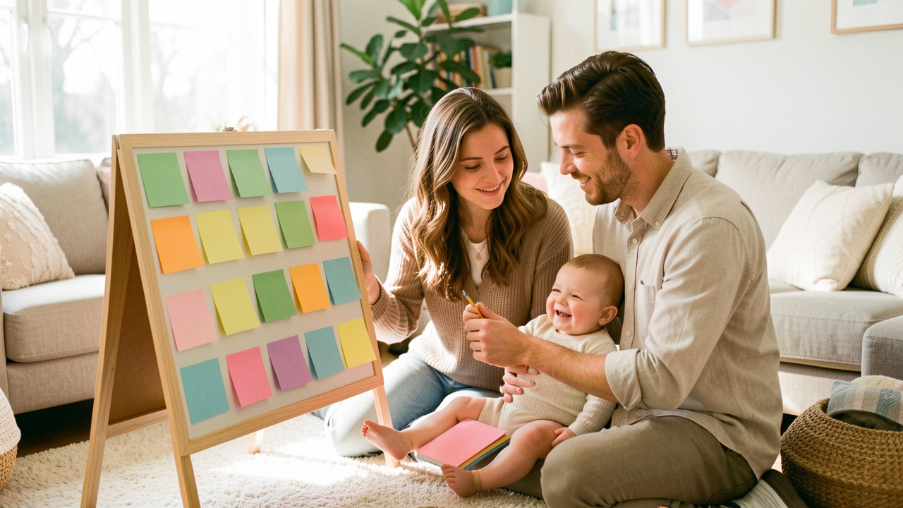 Jeune mère et jeune père sereins organisant un tableau familial coloré près de leur bébé dans un salon baigné de lumière.