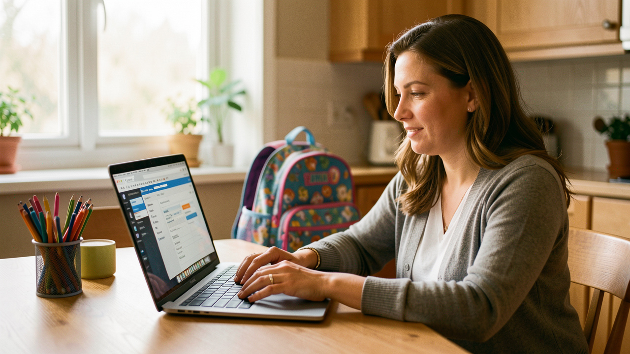 Une mère consulte calmement un espace administratif en ligne à la table de la cuisine, entourée de fournitures scolaires colorées et d’un cartable d’enfant, dans une lumière naturelle rassurante.