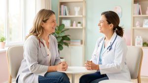 Deux femmes en couple échangent avec une professionnelle de santé lors d’une consultation de PMA dans un cabinet lumineux, avec une ambiance douce et rassurante.