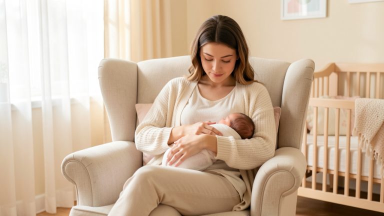 Jeune mère assise dans un fauteuil confortable, allaitant doucement son nouveau-né dans une chambre lumineuse et apaisante.