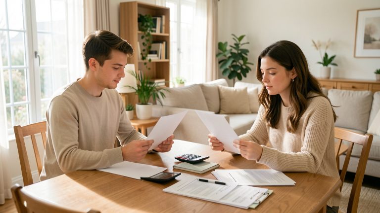 Un jeune couple assis à une table compare calmement des documents de prêt et un budget immobilier dans un salon lumineux et chaleureux.