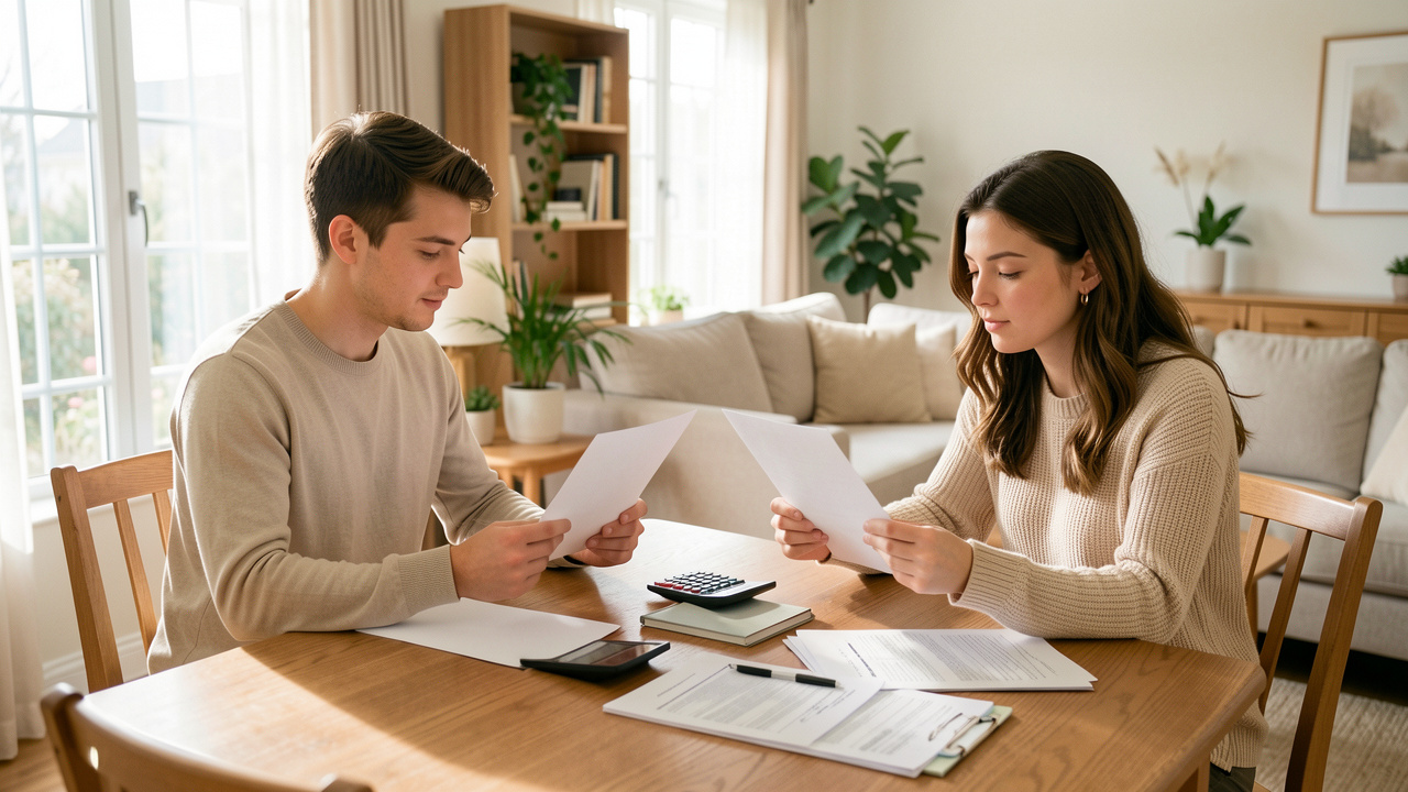 Un jeune couple assis à une table compare calmement des documents de prêt et un budget immobilier dans un salon lumineux et chaleureux.