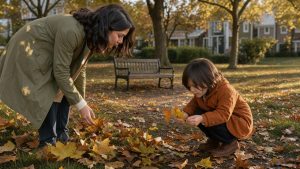 Une femme et un jeune enfant en manteaux légers observent des feuilles tombées dans un parc de quartier baigné par la douce lumière de fin d’après-midi.