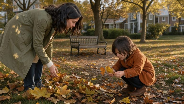 Une femme et un jeune enfant en manteaux légers observent des feuilles tombées dans un parc de quartier baigné par la douce lumière de fin d’après-midi.