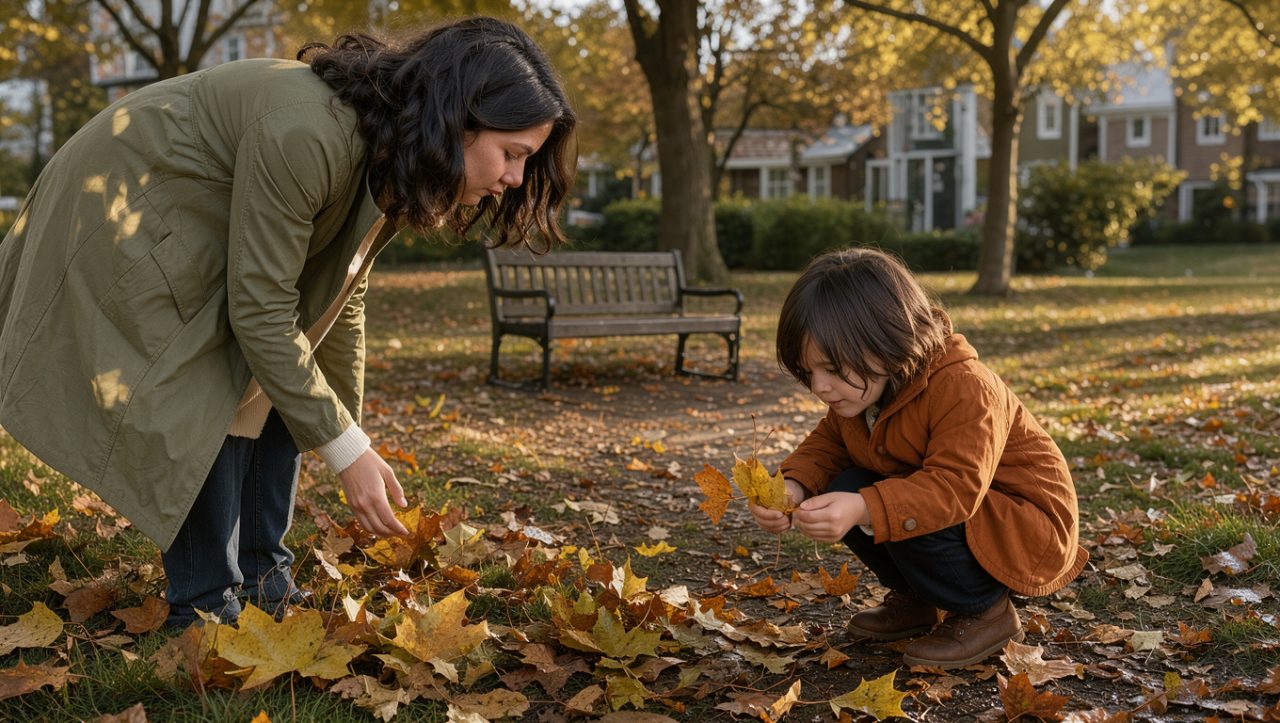 Une femme et un jeune enfant en manteaux légers observent des feuilles tombées dans un parc de quartier baigné par la douce lumière de fin d’après-midi.