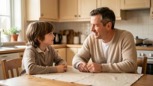 Un père assis à la table de cuisine échange calmement avec son enfant d’âge scolaire dans une atmosphère douce et rassurante.
