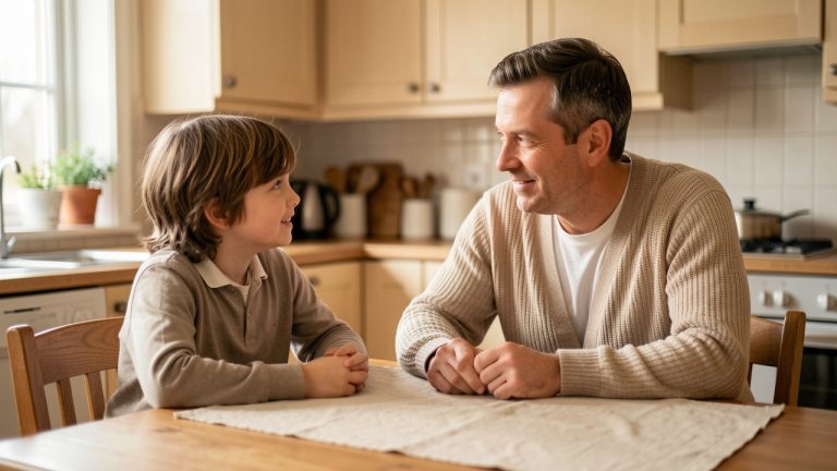 Un père assis à la table de cuisine échange calmement avec son enfant d’âge scolaire dans une atmosphère douce et rassurante.